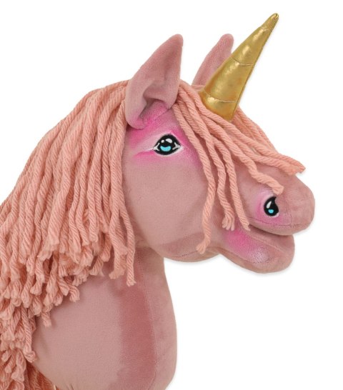 Hobby Horse Jednorożec na kiju mały brudny róż z różową grzywą i złotym rogiem