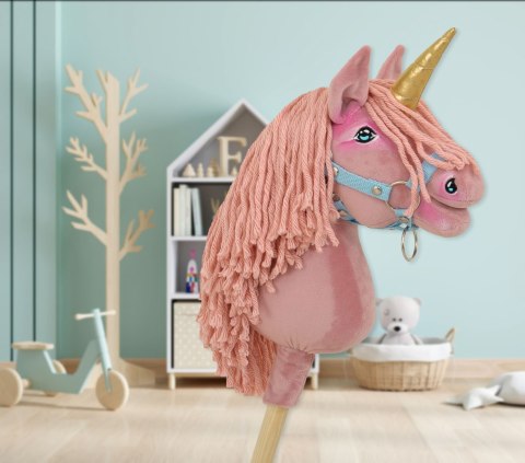 Hobby Horse Jednorożec na kiju mały brudny róż z różową grzywą i złotym rogiem