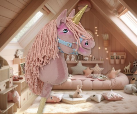 Hobby Horse Jednorożec na kiju mały brudny róż z różową grzywą i złotym rogiem