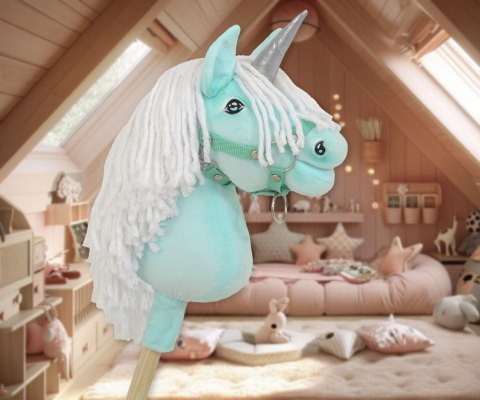 Hobby Horse Jednorożec na kiju mały miętowy z białą grzywą i srebrnym rogiem