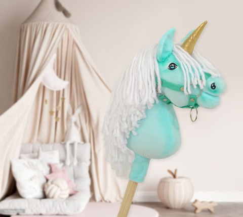 Hobby Horse Jednorożec na kiju mały miętowy z białą grzywą i złotym rogiem