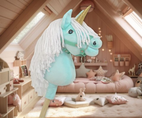 Hobby Horse Jednorożec na kiju mały miętowy z białą grzywą i złotym rogiem
