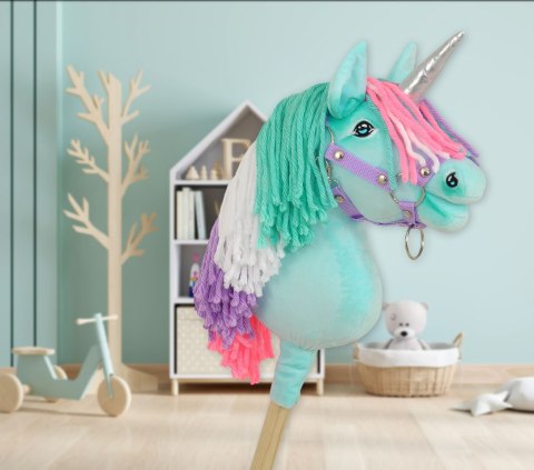 Hobby Horse Jednorożec na kiju mały miętowy z kolorową grzywą i srebrnym rogiem