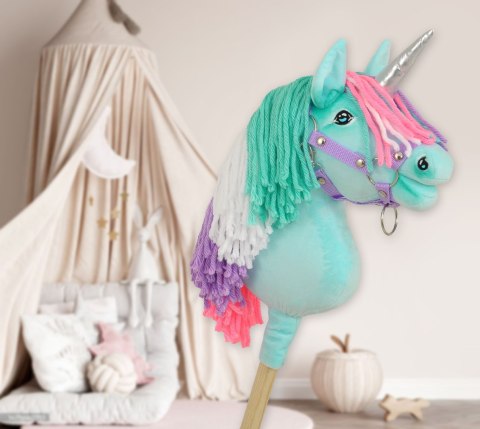 Hobby Horse Jednorożec na kiju mały miętowy z kolorową grzywą i srebrnym rogiem