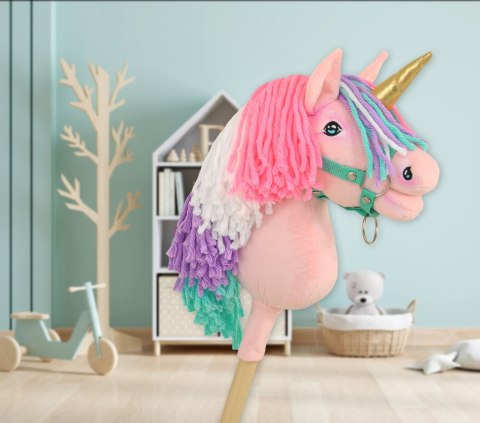 Hobby Horse Jednorożec na kiju mały różowy z kolorową grzywą i złotym rogiem