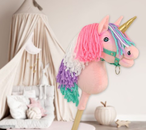 Hobby Horse Jednorożec na kiju mały różowy z kolorową grzywą i złotym rogiem