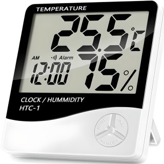 Termometr higrometr cyfrowy z zegarkiem budzikiem datą stojący na baterie 0-50C