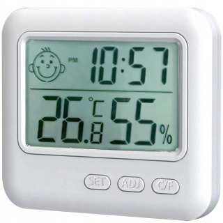 Termometr higrometr pokojowy stojący z zegarkiem budzikiem LCD