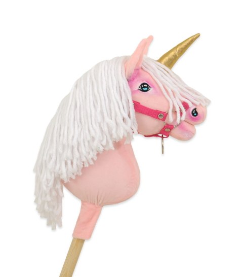 Hobby Horse Jednorożec na kiju różowy z białą grzywą i złotym rogiem A4