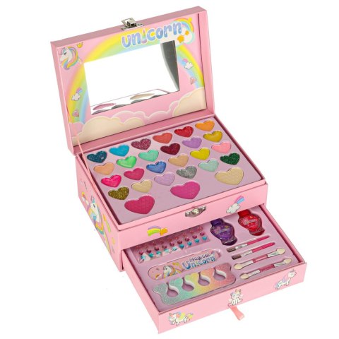 Kuferek zestaw kosmetyków do makijażu i paznokci makeup kosmetyki cienie lakiery szuflady jednorożec