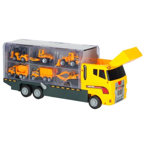 Transporter ciężarówka TIR wyrzutnia + metalowe auta maszyny budowlane