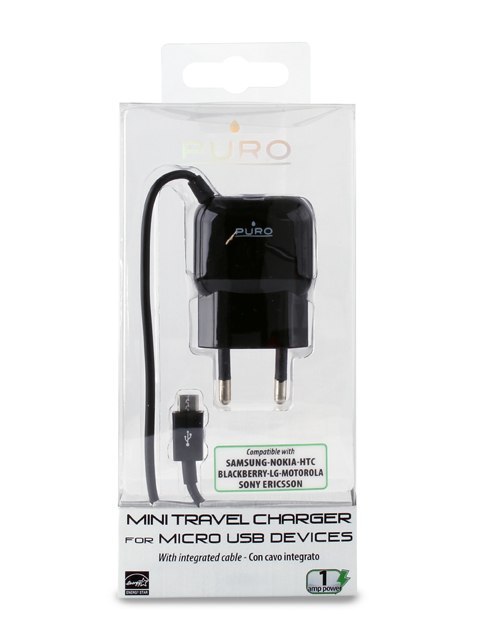 ND38_MTCMICROBLK PURO Mini Travel Charger - Przenośna ładowarka sieciowa z kablem Micro USB (czarny)