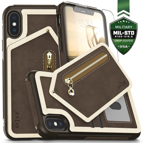 ND38_NEB-IPH8-DBBR Zizo Nebula Wallet Case - Skórzane etui iPhone X z kieszeniami na karty + saszetka na zamek + szkło 9H na ekr