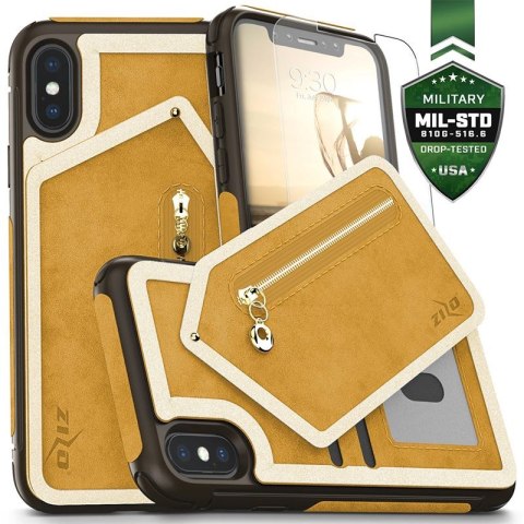 ND38_NEB-IPH8-LBBR Zizo Nebula Wallet Case - Skórzane etui iPhone X z kieszeniami na karty + saszetka na zamek + szkło 9H na ekr