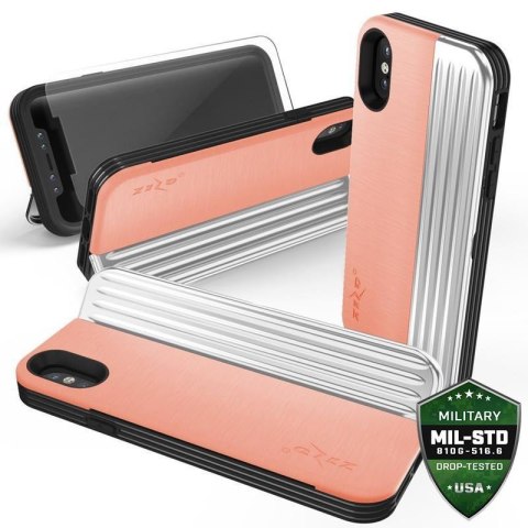 ND38_RET-IPH8-PHSL Zizo Retro Series - Etui iPhone Xs / X z kieszenią na karty + podstawka + szkło 9H na ekran (Peach/Silver)