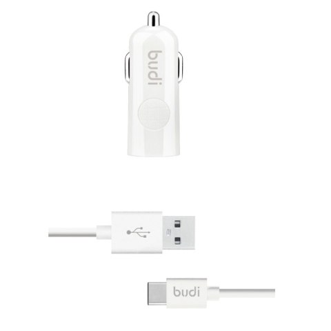 ND38_BD062T Budi - Ładowarka samochodowa USB + kabel USB-C (Biały)