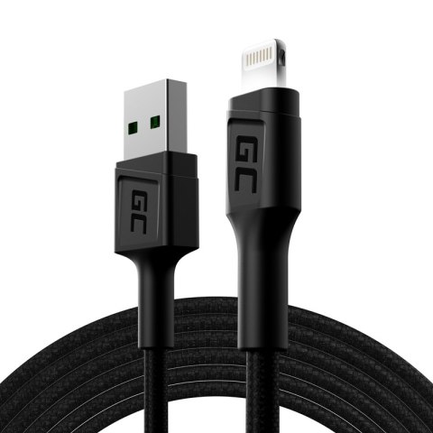 ND38_KABGC12 Green Cell Ray - Kabel Przewód USB - Lightning 200cm z białym podświetleniem LED szybkie ładowanie Apple 2.4A