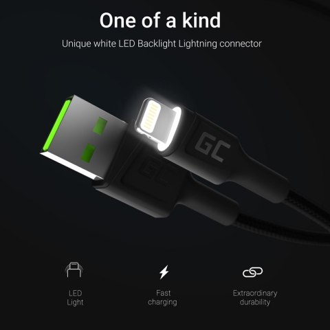 ND38_KABGC12 Green Cell Ray - Kabel Przewód USB - Lightning 200cm z białym podświetleniem LED szybkie ładowanie Apple 2.4A