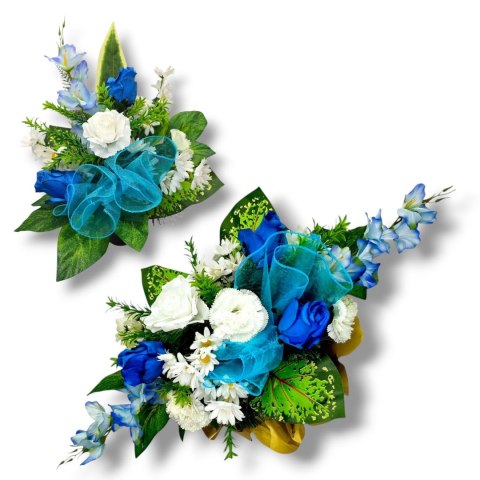 BIAŁO NIEBIESKI BUKIET WKŁAD DO WAZONU KWIATY NA CMENTARZ GRÓB POMNIK