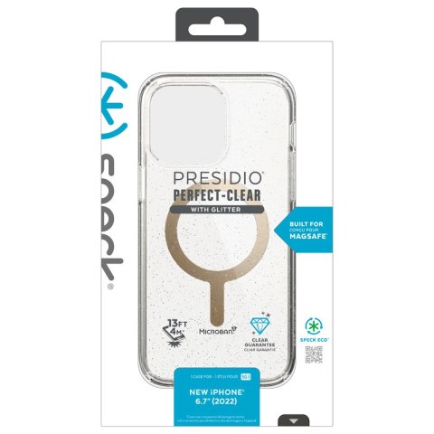 ND38_150121-9221 Speck Presidio Perfect-Clear with Glitter + MagSafe - Etui iPhone 14 Plus z powłoką MICROBAN (Clear / Gold Glit