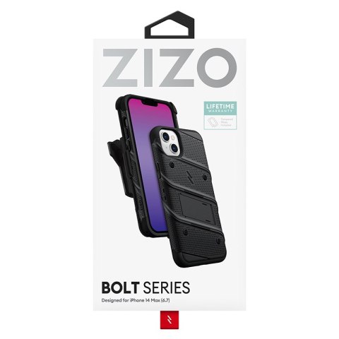 ND38_BOLT-IPH14MAX-BKBK ZIZO BOLT Series - Pancerne etui iPhone 14 Plus ze szkłem 9H na ekran + uchwyt z podstawką (czarny)