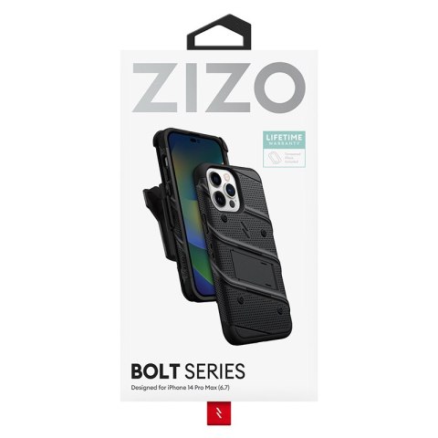 ND38_BOLT-IPH14PROMAX-BKBK ZIZO BOLT Series - Pancerne etui iPhone 14 Pro Max ze szkłem 9H na ekran + uchwyt z podstawką (czarny