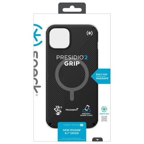 ND38_150117-D143 Speck Presidio2 Grip + MagSafe - Etui iPhone 14 Plus z powłoką MICROBAN (Black / Black / White)