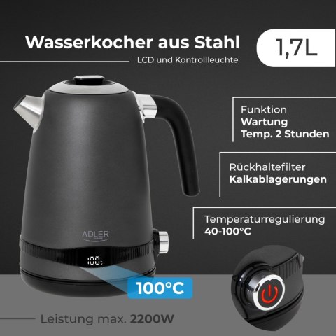 AD 1295 grey Czajnik metalowy 1,7L z LCD & regulacją temperatury