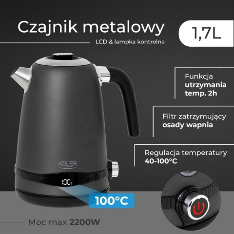 AD 1295 grey Czajnik metalowy 1,7L z LCD & regulacją temperatury