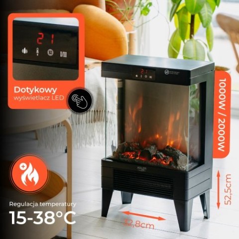 AD 7755 Kominek elektryczny led z pilotem | 3d efekt płomienia | 2 moce grzania 1000w/2000w | termostat