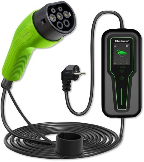 Qoltec Mobilna ładowarka do samochodu elektrycznego EV z regulacją 2w1 Typ2 3.5kW 230V LCD SCHUKO Przenośna Wallbox 5m