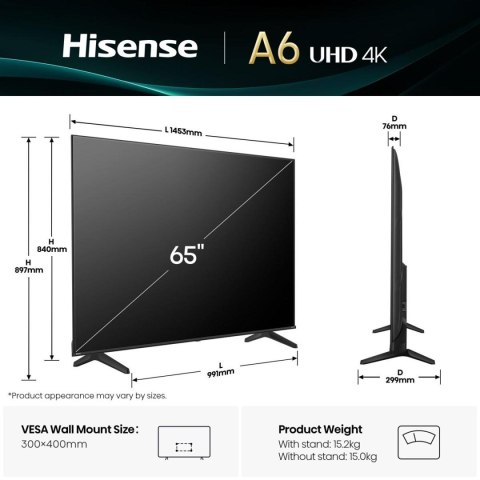 Telewizor Hisense 65A6Q LED 65'' 4K Ultra HD VIDAA Dolby Digital DVB-T2 Czarny