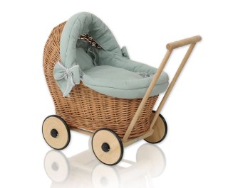 Wiklinowy wózek dla lalek pchacz z szałwiową pościelką i miękką wyściółką STELLA - naturalny