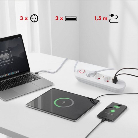 Listwa zasilająca Maclean, przedłużacz 3gniazda + 3xUSB, 110-240V AC 50/60Hz, 2.1A max 2500W, 1,5m, biała ,MCE394 W