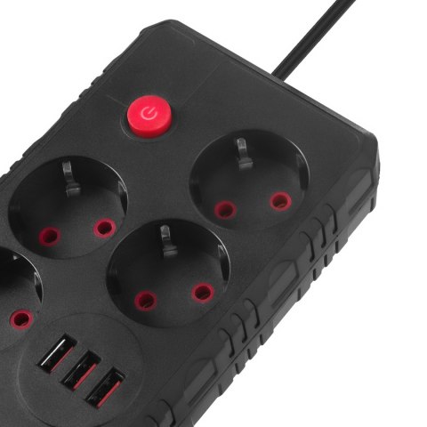 Listwa zasilająca Maclean, przedłużacz 4 gniazda + 3xUSB, 110-240V AC 50/60Hz, 2.1A max 2500W, 1,5m, czarna,MCE392 B