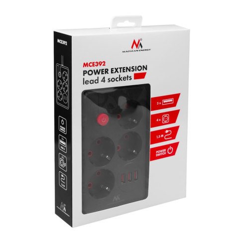 Listwa zasilająca Maclean, przedłużacz 4 gniazda + 3xUSB, 110-240V AC 50/60Hz, 2.1A max 2500W, 1,5m, czarna,MCE392 B