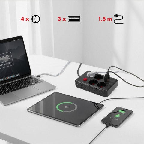 Listwa zasilająca Maclean, przedłużacz 4 gniazda + 3xUSB, 110-240V AC 50/60Hz, 2.1A max 2500W, 1,5m, czarna,MCE392 B