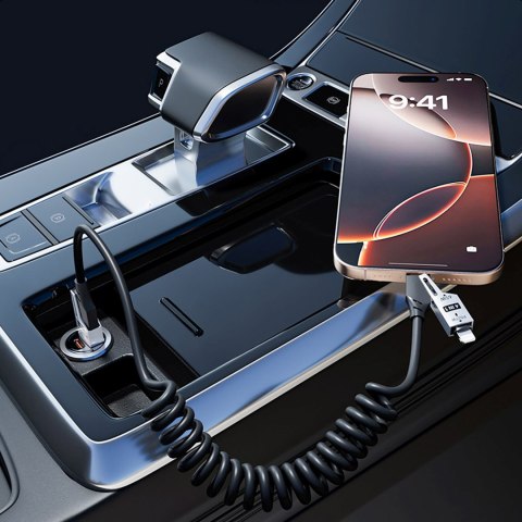 Kabel przewód spiralny 4w1 USB-A / USB-C - Lightning / USB-C - czarny