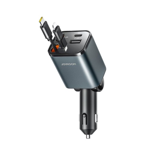 Ładowarka samochodowa 4w1 z kablami zwijanymi USB-A USB-C 30W- ciemnoszara