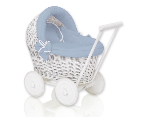 Wiklinowy wózek dla lalek pchacz biały z pościelką brudny niebieski i miękką wyściółką STELLA