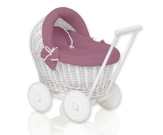 Wiklinowy wózek dla lalek pchacz biały z pościelką róż retro i miękką wyściółką STELLA