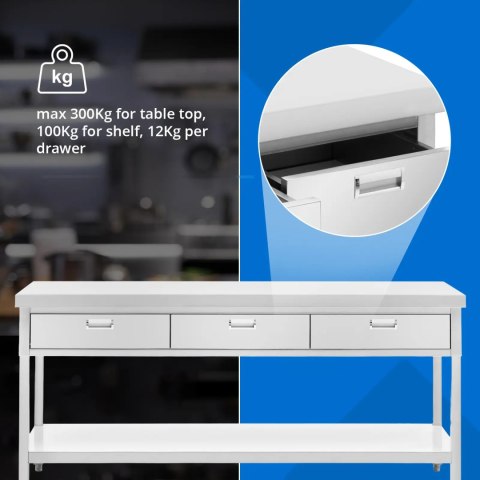 Stół blat roboczy gastronomiczny 3 szuflady półka STAL 200 x 60 cm