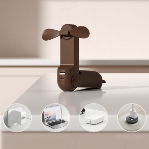 Wiatrak przenośny mini wentylator powerbank latarka USB-A USB-C 4500mAh - brązowy