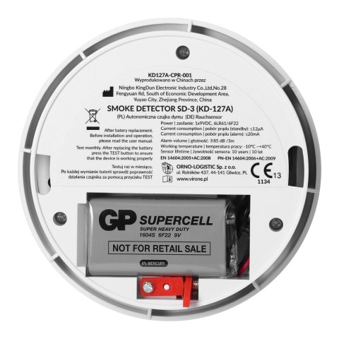 Bateryjny czujnik dymu, 1x9V DC