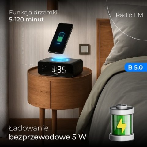 AD 1192 black Radiobudzik z bezprzewodową ładowarką i fm