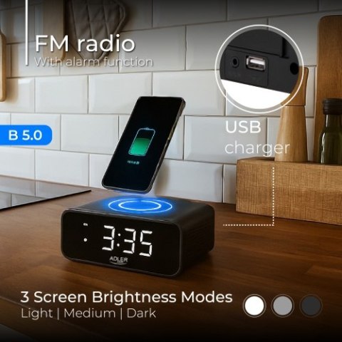 AD 1192 black Radiobudzik z bezprzewodową ładowarką i fm