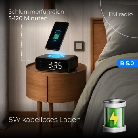 AD 1192 black Radiobudzik z bezprzewodową ładowarką i fm