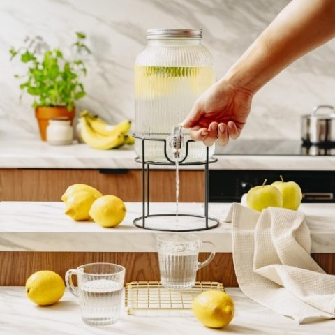 AD 6742 Słój do napojów z kranikiem 4l | szklany dyspenser z ryflowanym szkłem i metalowym stojakiem