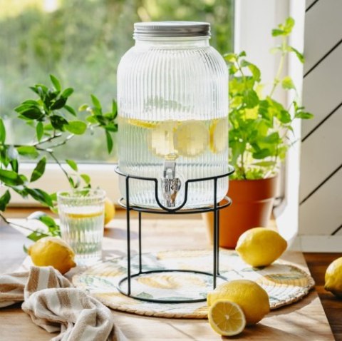 AD 6742 Słój do napojów z kranikiem 4l | szklany dyspenser z ryflowanym szkłem i metalowym stojakiem