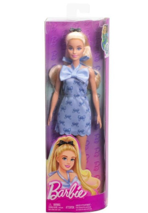 Lalka barbie fashionistas niebieska sukienka w kokardki